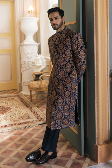 BLUE DAMASK EMBELLISHED SHERWANI